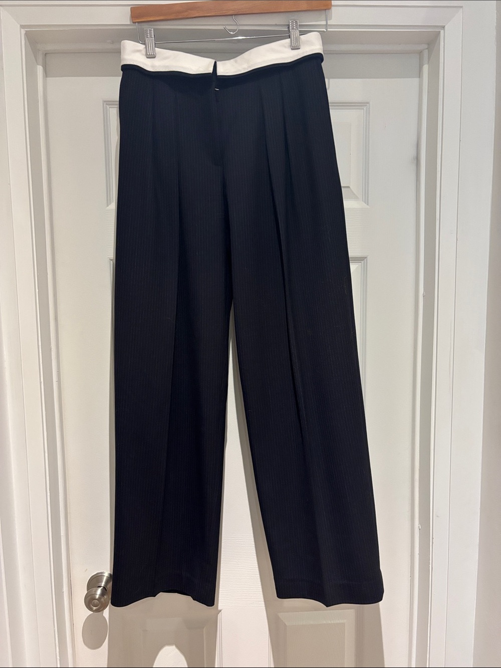 Aritzia Black Wide-Leg Trousers with White Waistband